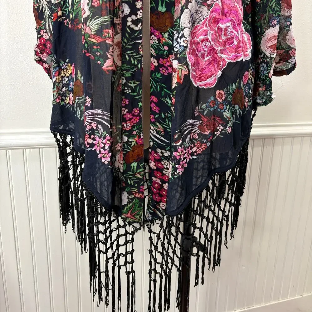 Soft Surroundings Plus Size 1X Kimono Cardigan Fringe Floral Embroidered Boho - Picture 9 of 13